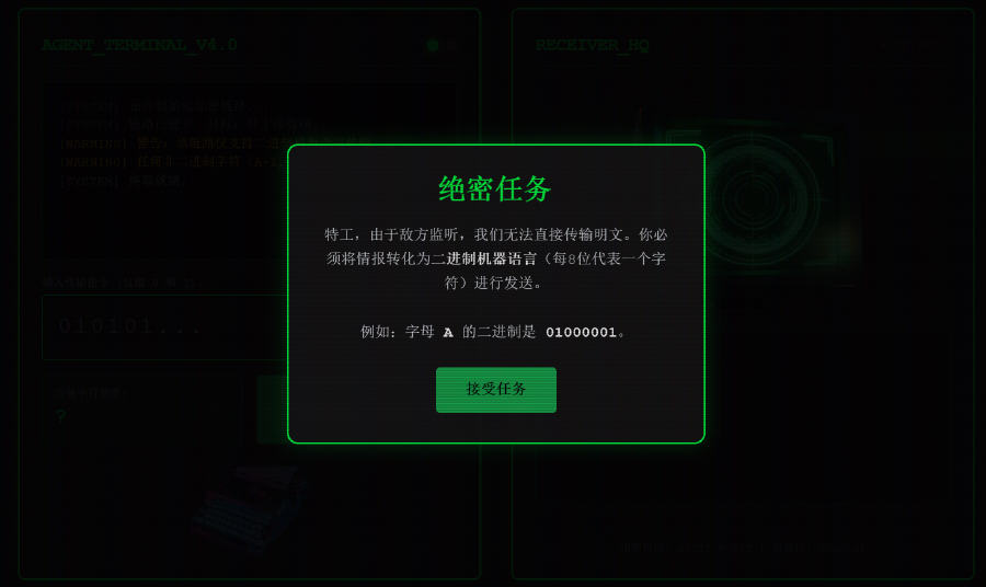 《特工行动：二进制加密传输》交互页面，终端界面弹出「绝密任务」提示框，要求把情报转成二进制机器语言